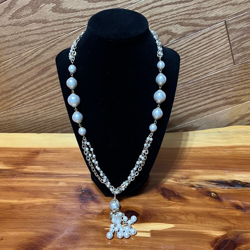 Vintage Faux Pearl Necklace Gold Tone Layered Statement Piece Pendant Japan Made